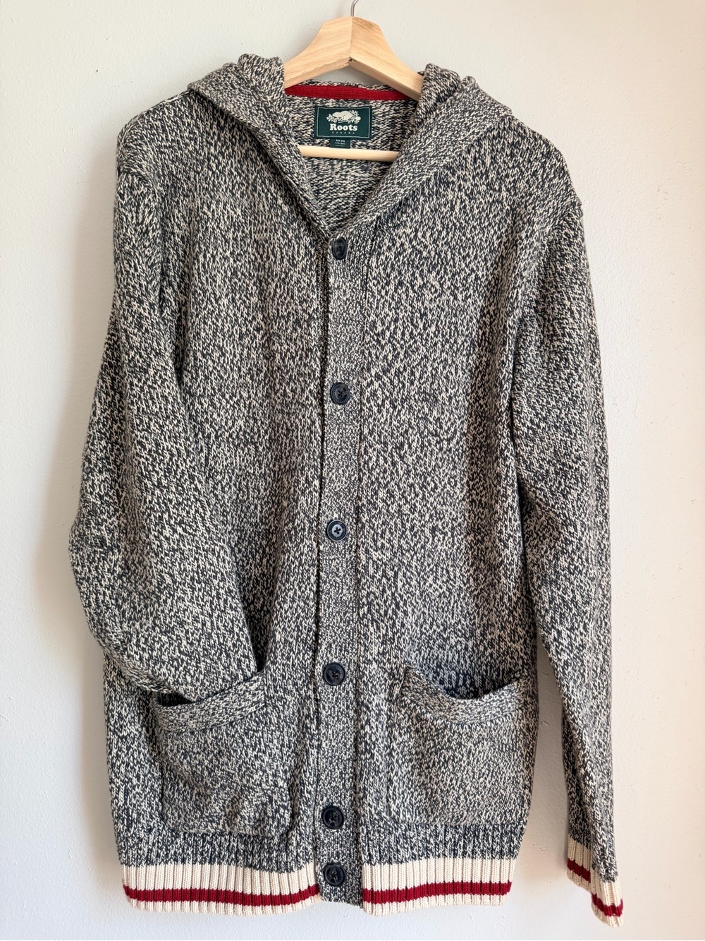 Roots Unisex Marled Grey Hooded Cardigan Sweater with Cream & Red Trim with Hood